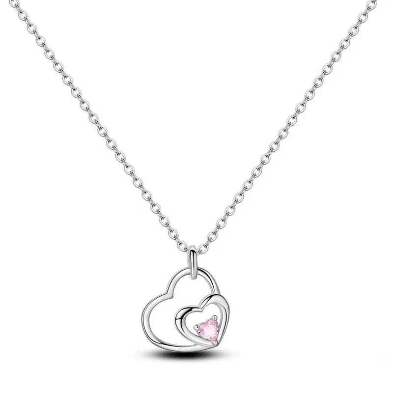 925 Sterling Silver Double Heart Necklace with Pink Crystal