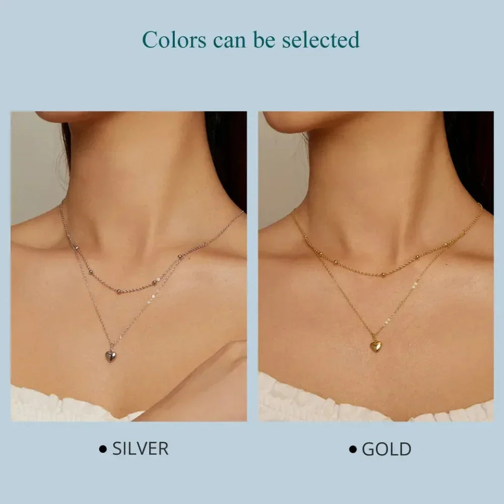 925 Sterling Silver Heart Pendant Necklace - Elegant Double Layer Choker For Women - Bsn168