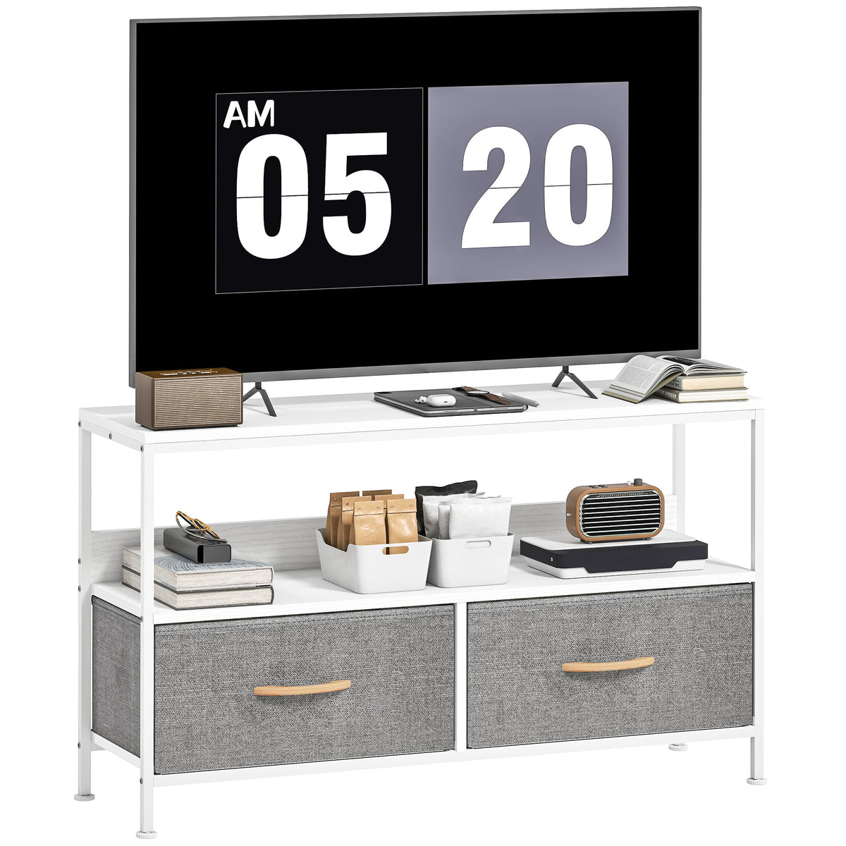 TV Stand with Charging Station, TV Table with 2 Foldable Linen Drawers and Open Shelf for 47 Inch Television, Black
