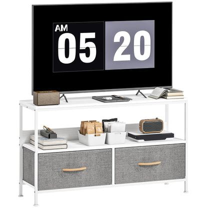TV Stand with Charging Station, TV Table with 2 Foldable Linen Drawers and Open Shelf for 47 Inch Television, Black