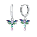 Vibrant Dragonfly Sterling Silver Hoop Earrings