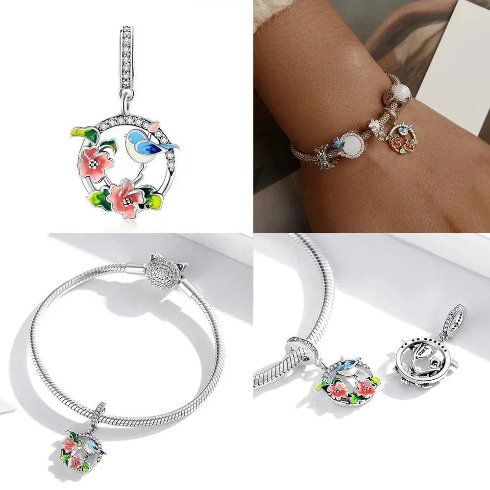 925 Sterling Silver Colorful Birds Flowers Leaves Cz Pendant - Jewelry Charm For Bracelets And Necklaces