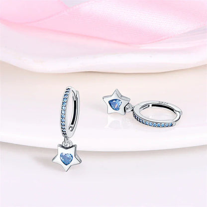 Celestial Charm Sterling Silver Hoop Earrings With Blue Star And Heart