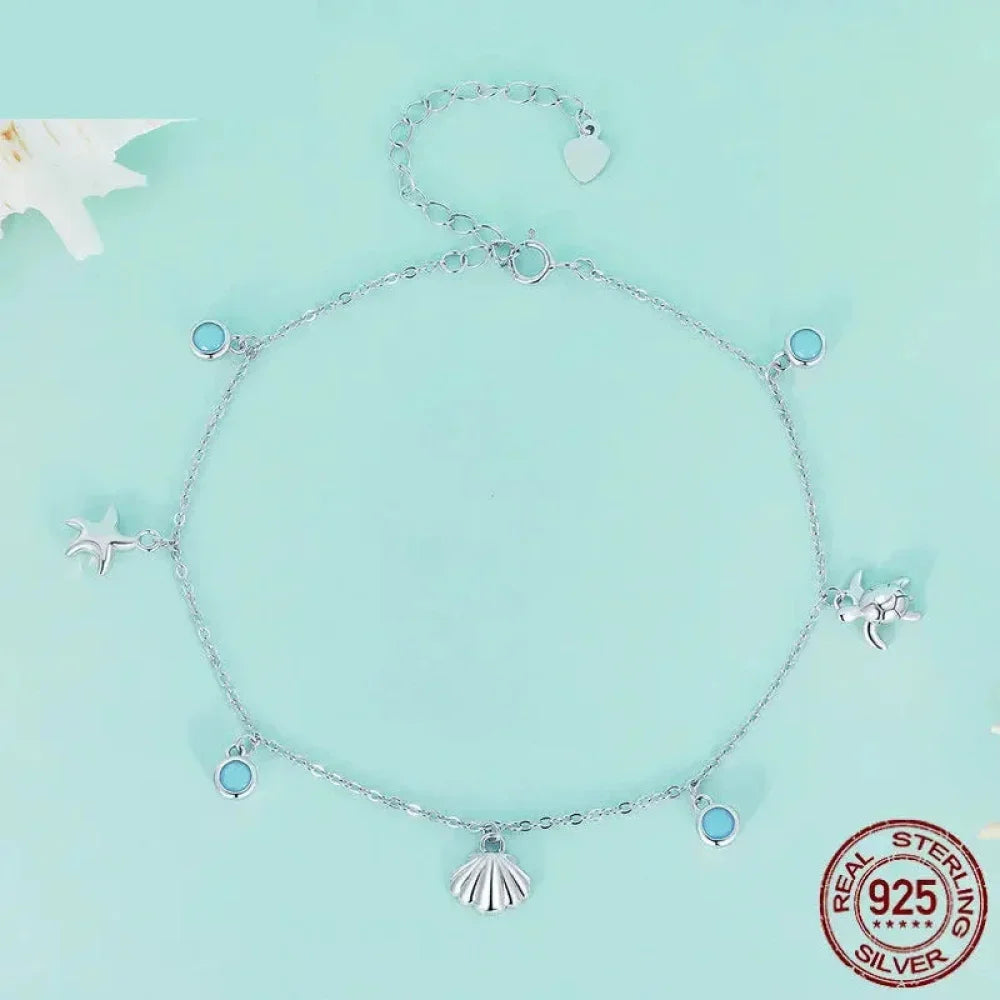 925 Sterling Silver Seastar And Shell Pendant Anklet | Simple Chain Foot Jewelry For Women | Platinum Plated Summer Jewelry