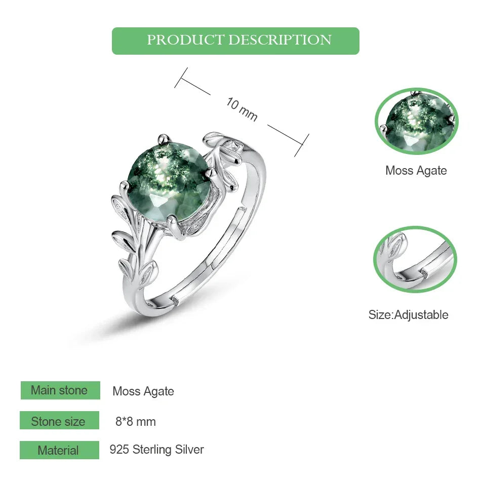 Nature's Embrace: Adjustable Sterling Silver Moss Agate Ring