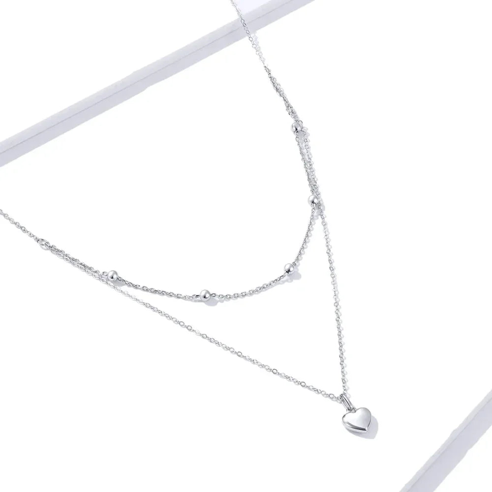 925 Sterling Silver Heart Pendant Necklace - Elegant Double Layer Choker For Women - Bsn168