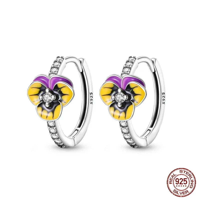 Elegant Pansy Flower Sterling Silver Hoop Earrings With Cubic Zirconia