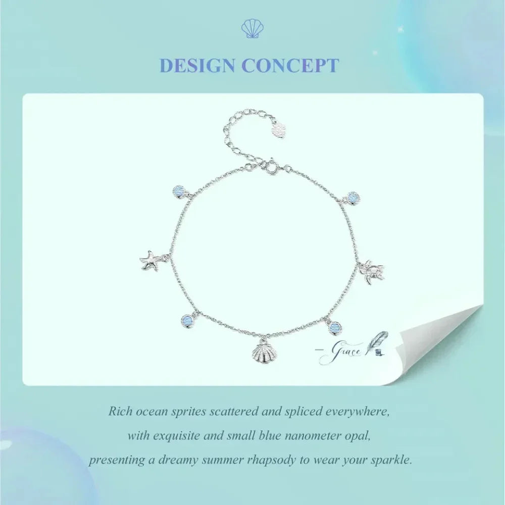 925 Sterling Silver Seastar And Shell Pendant Anklet | Simple Chain Foot Jewelry For Women | Platinum Plated Summer Jewelry