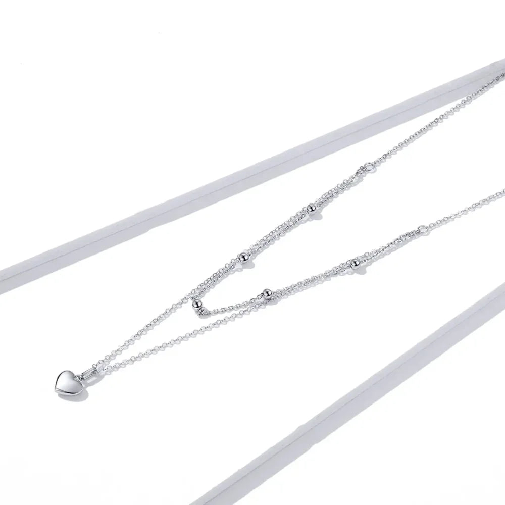 925 Sterling Silver Heart Pendant Necklace - Elegant Double Layer Choker For Women - Bsn168
