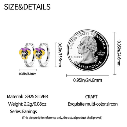 Elegant Pansy Flower Sterling Silver Hoop Earrings With Cubic Zirconia