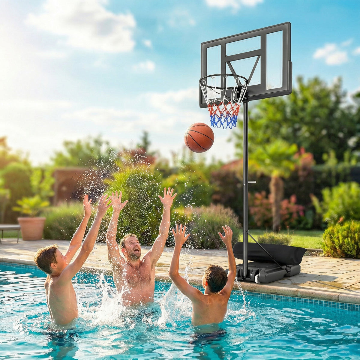 Basketball Hoop Stand Outdoor, 4.4–10 ft Single Hand Rotation Adjustable with Shatterproof Backboard & Weight Bag