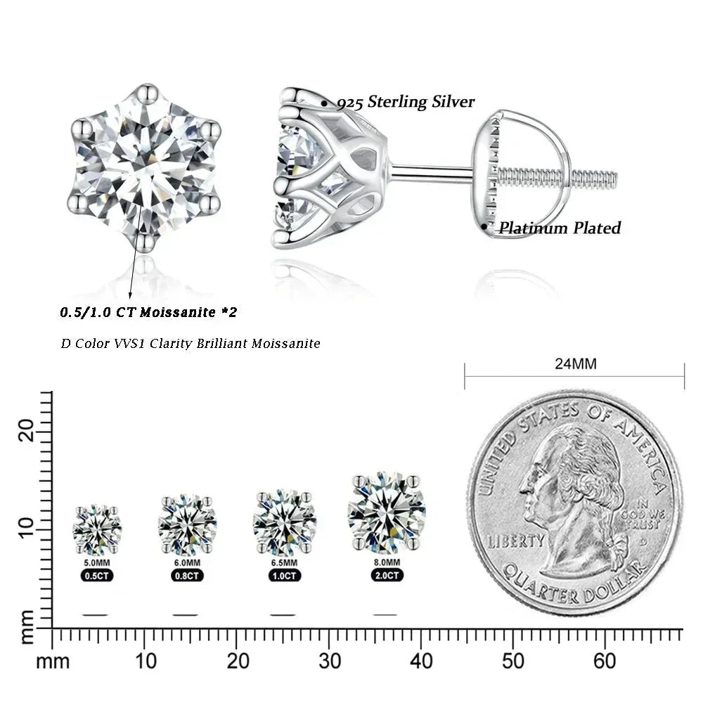 Radiant Moissanite Stud Earrings | D Color Round Cut 925 Silver, Gold Plated