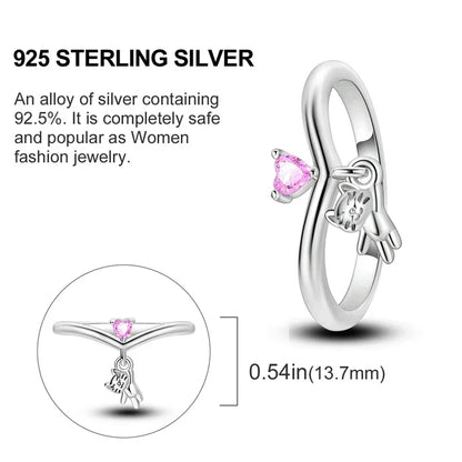 925 Sterling Silver Pink Cat Heart Charm Ring
