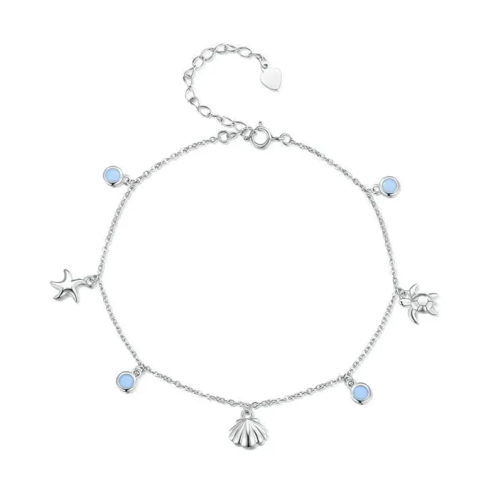 925 Sterling Silver Seastar And Shell Pendant Anklet | Simple Chain Foot Jewelry For Women | Platinum Plated Summer Jewelry