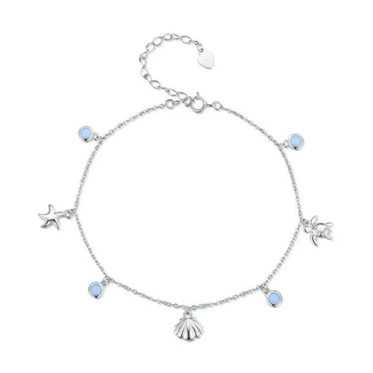 925 Sterling Silver Seastar And Shell Pendant Anklet | Simple Chain Foot Jewelry For Women | Platinum Plated Summer Jewelry