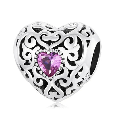 925 Sterling Silver Diy Heart Charm With Pink Zircon - Bsc777