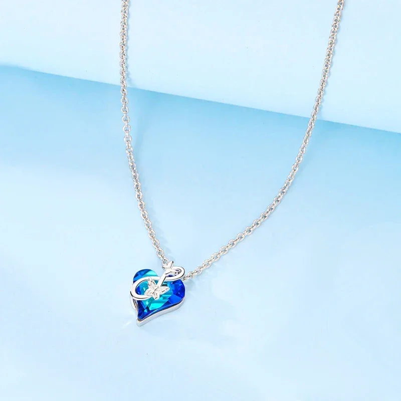 925 Sterling Silver Blue Crystal Heart & Butterfly Necklace