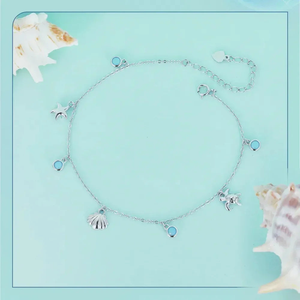 925 Sterling Silver Seastar And Shell Pendant Anklet | Simple Chain Foot Jewelry For Women | Platinum Plated Summer Jewelry