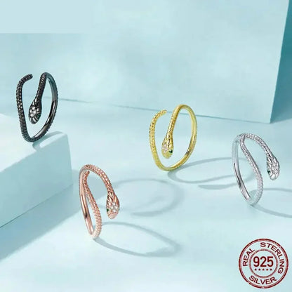 925 Sterling Silver Adjustable Snake Ring With Green Zircon - Fashion Jewelry In 4 Colors
