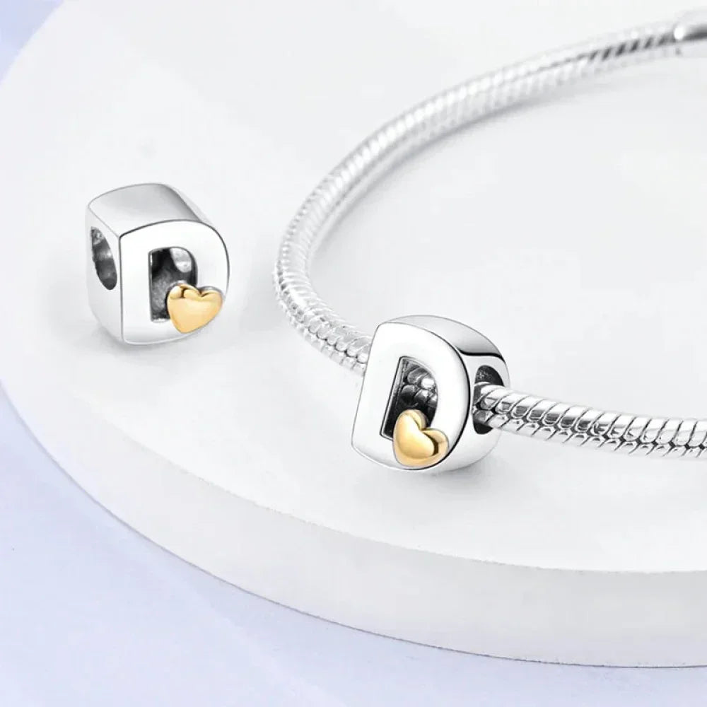 Personalize Your Bracelet: 925 Silver Alphabet Bead With Gold Heart