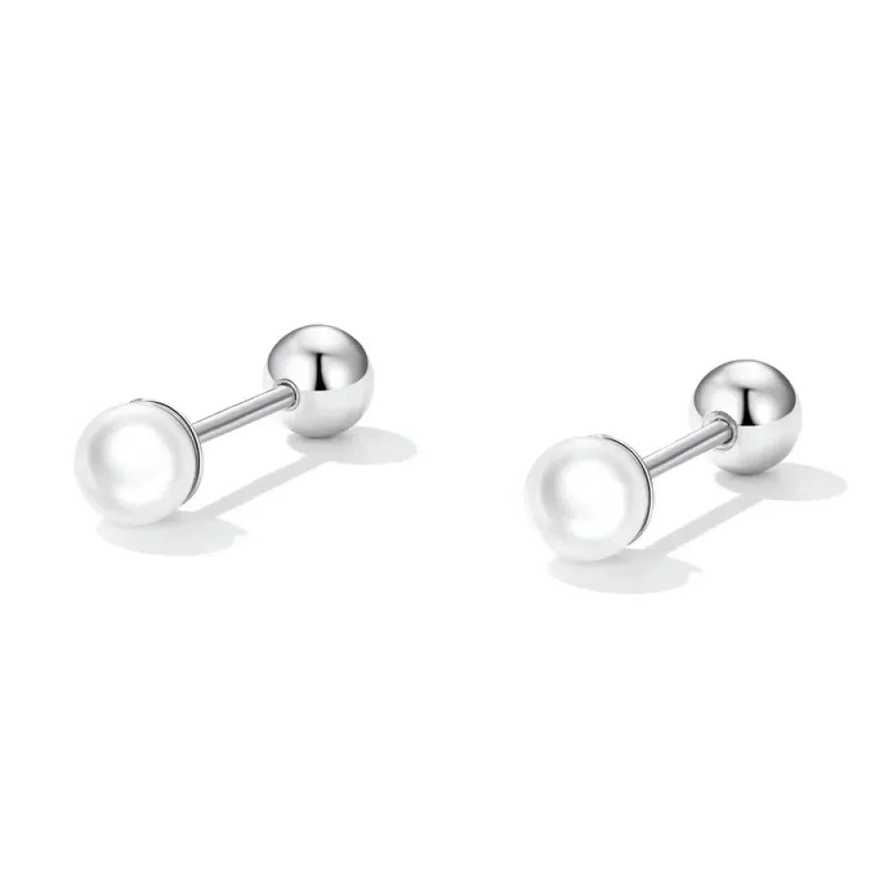 Charm And Elegance: 925 Sterling Silver Pearl Beads Screw Stud Earrings