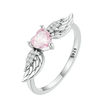 925 Sterling Silver Pink Heart Wing CZ Ring