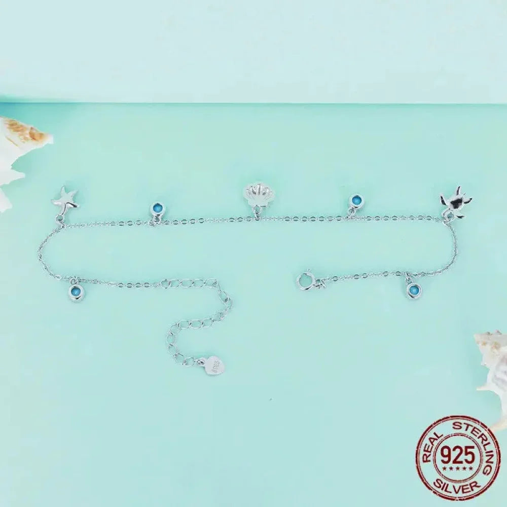 925 Sterling Silver Seastar And Shell Pendant Anklet | Simple Chain Foot Jewelry For Women | Platinum Plated Summer Jewelry