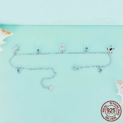 925 Sterling Silver Seastar And Shell Pendant Anklet | Simple Chain Foot Jewelry For Women | Platinum Plated Summer Jewelry