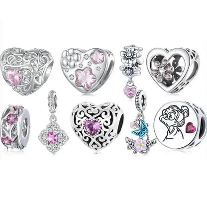 925 Sterling Silver Diy Heart Charm With Pink Zircon - Bsc777