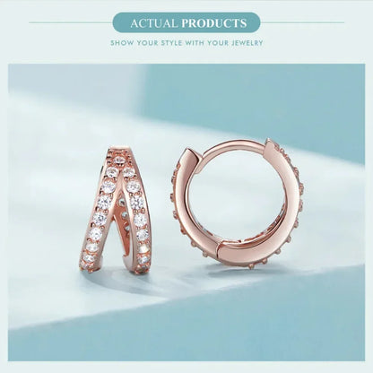 925 Sterling Silver Elegant Geometry Zircon Crystal Double Rings Ear Hoop Earrings