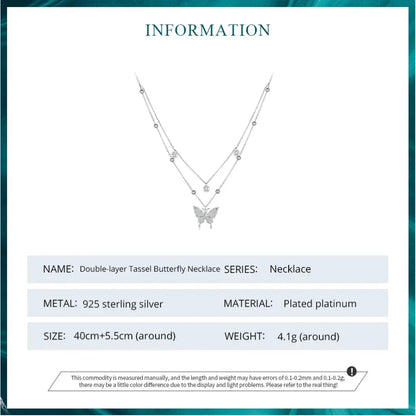 925 Sterling Silver Double-layer Tassel Butterfly Pendant Necklace for Women - Elegant Fine jewelry