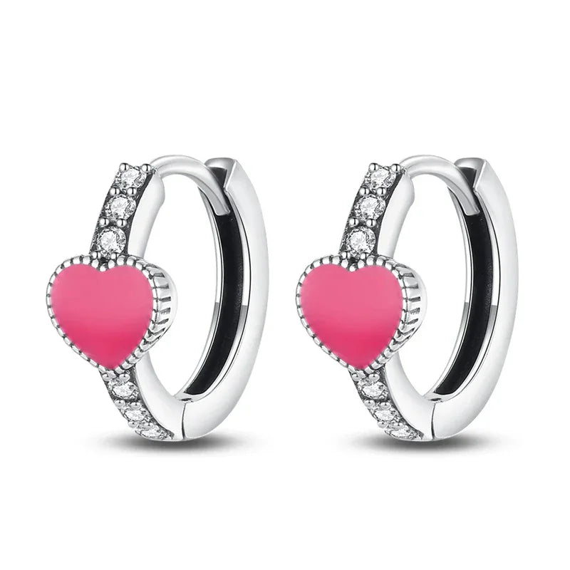 Romantic Pink Heart Sterling Silver Huggie Hoop Earrings With Cubic Zirconia