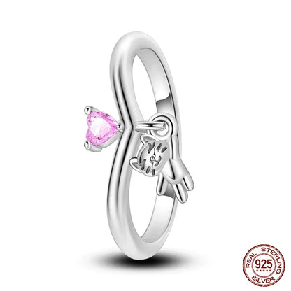925 Sterling Silver Pink Cat Heart Charm Ring