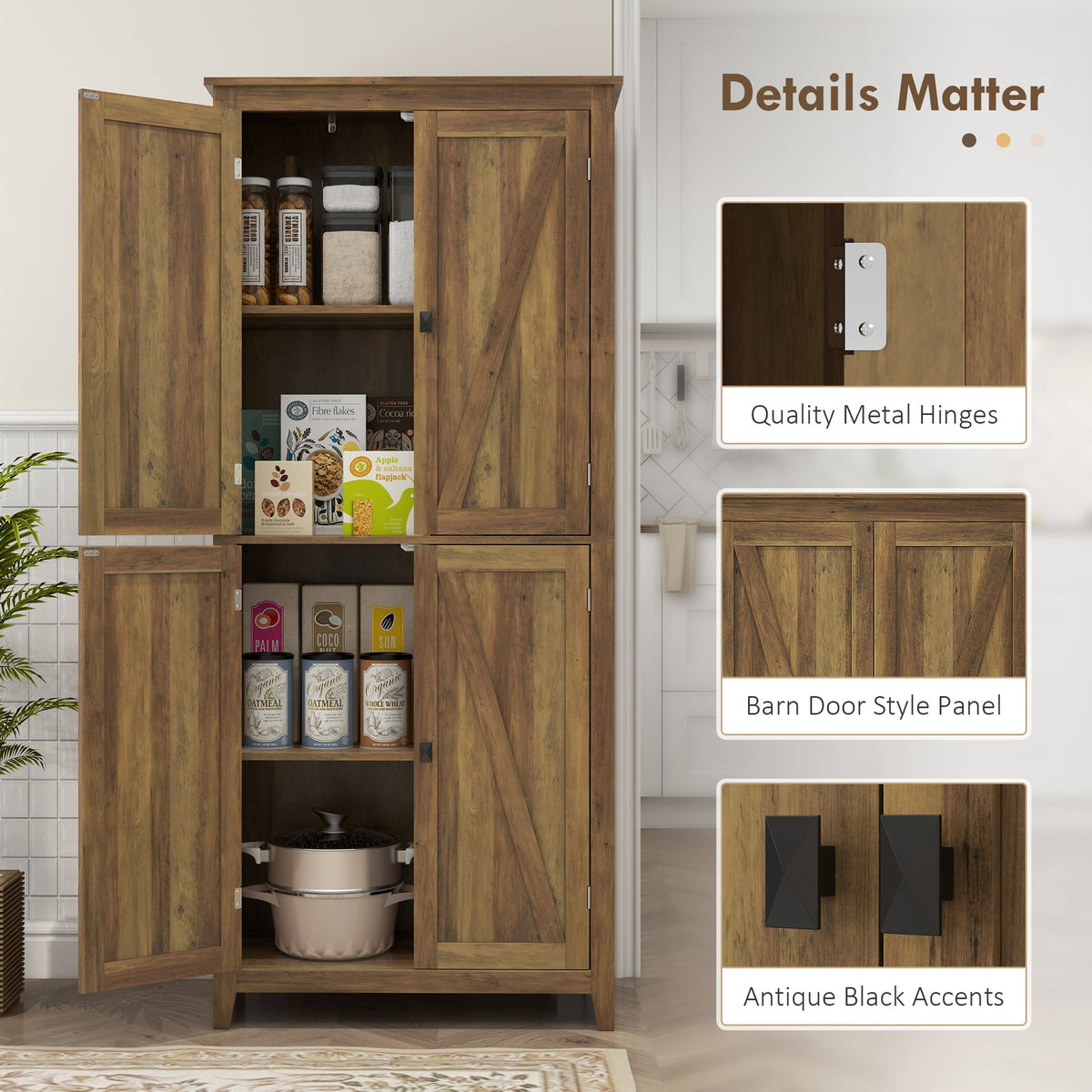 72" Freestanding Storage Cabinet, Kitchen Pantry Cabinet with Doors and Shelves for Dining Room, Natural