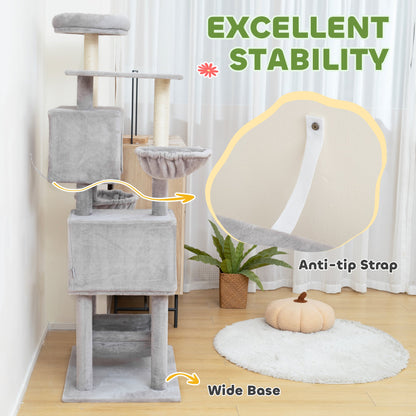 66 Inch Large Cat Tree with 2 Door Condos, 3 Big Hammocks, Plush Top Perch, Sisal Scratching Posts, Light Grey