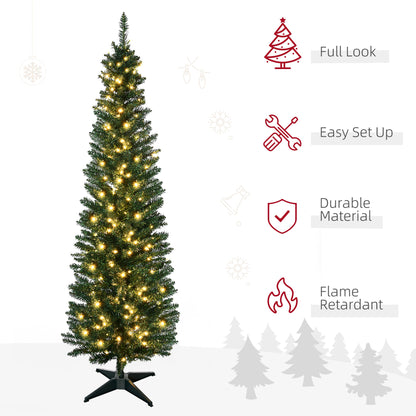 6' Pre Lit Artificial Pencil Christmas Trees, Xmas Tree with Realistic Branches and Warm White LED Lights, Green