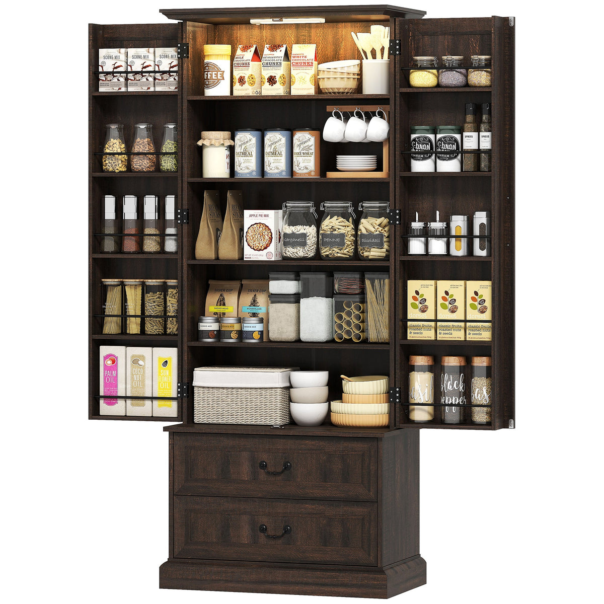 72" LED Kitchen Pantry Cabinet, Buffet Storage Cabinet with 10 Door Shelves, 2 Drawers and Adjustable Shelves, Black