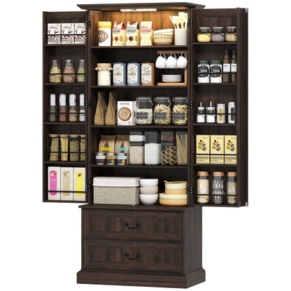 72" LED Kitchen Pantry Cabinet, Buffet Storage Cabinet with 10 Door Shelves, 2 Drawers and Adjustable Shelves, Black