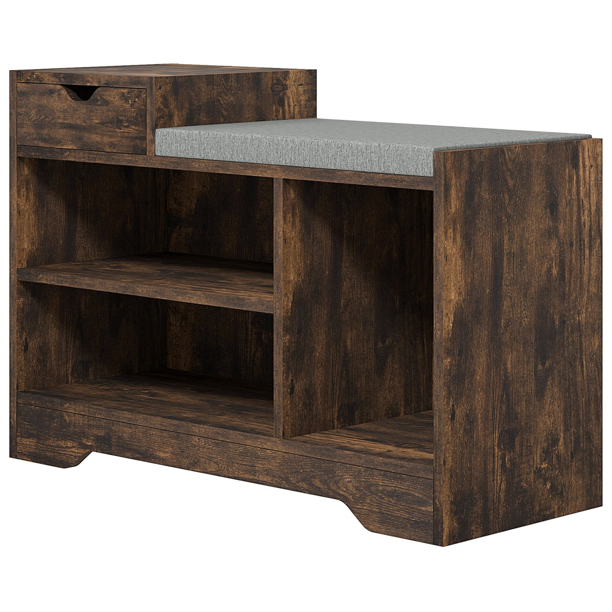 Upholstered Shoe Storage Bench, Hallway Shoe Storage with Seat, Drawer, 3 Open Shelves for Entryway, Grey