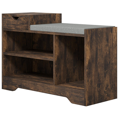 Upholstered Shoe Storage Bench, Hallway Shoe Storage with Seat, Drawer, 3 Open Shelves for Entryway, Grey