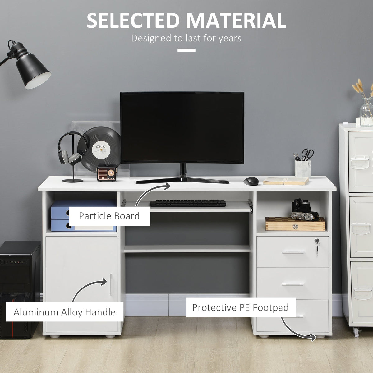 Bloom 57" Computer Desk with Keyboard Tray and Storage Drawers-White