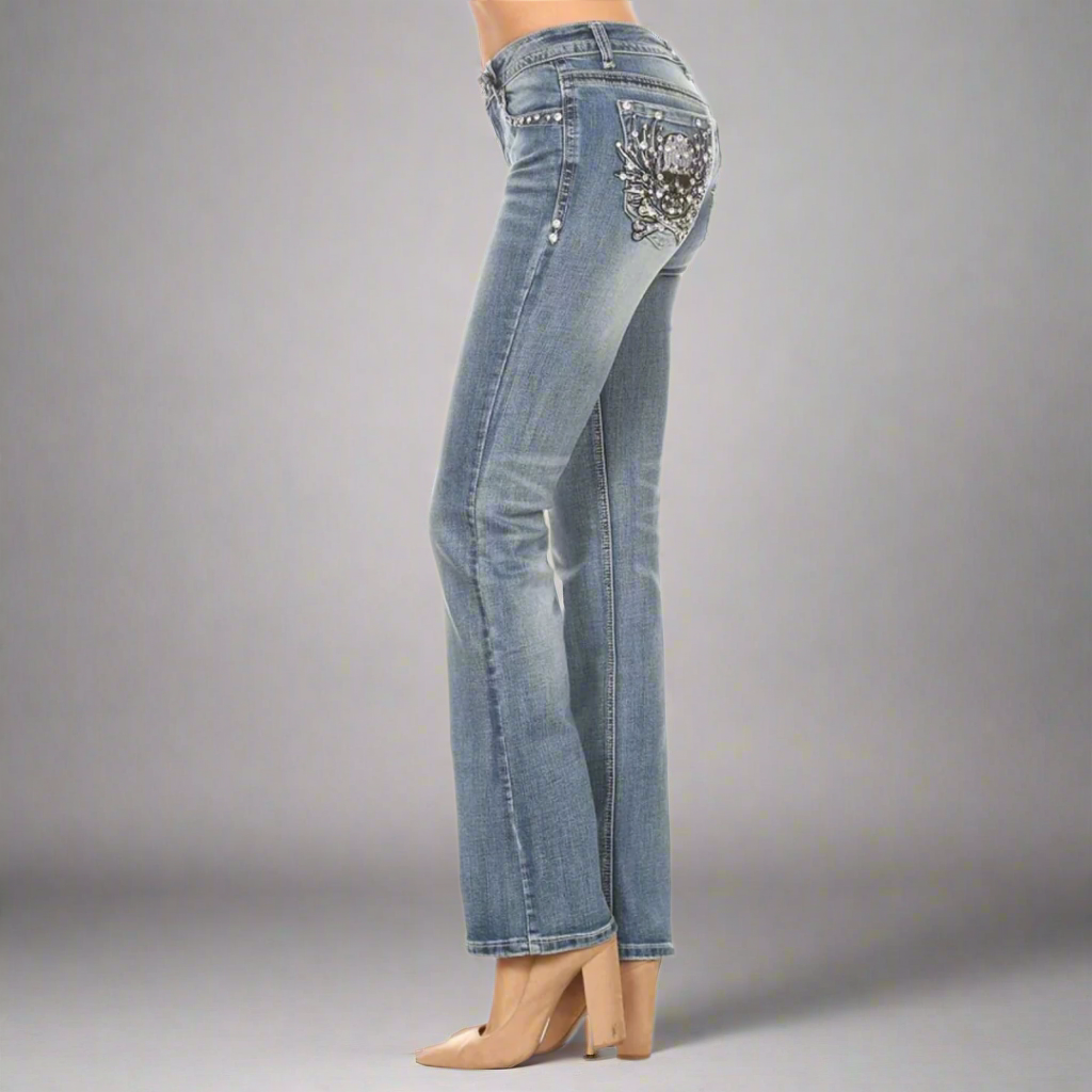 Platinum Plush Women's Rhinestone Skull & Bones Bootcut Jeans