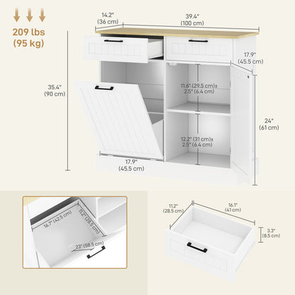 Hidden Garbage Bin Cabinet, Tilt Out Trash Cabinet w/ 2 Drawers, Freestanding Kitchen Island for Laundry, Black