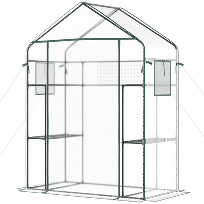 Walk-in Greenhouse with 4 Shelves, 56" x 29" x 77" Mini Greenhouse ,Roll-Up Door, Mesh Windows for Seedling, Flowers, Plant Growing, Clear