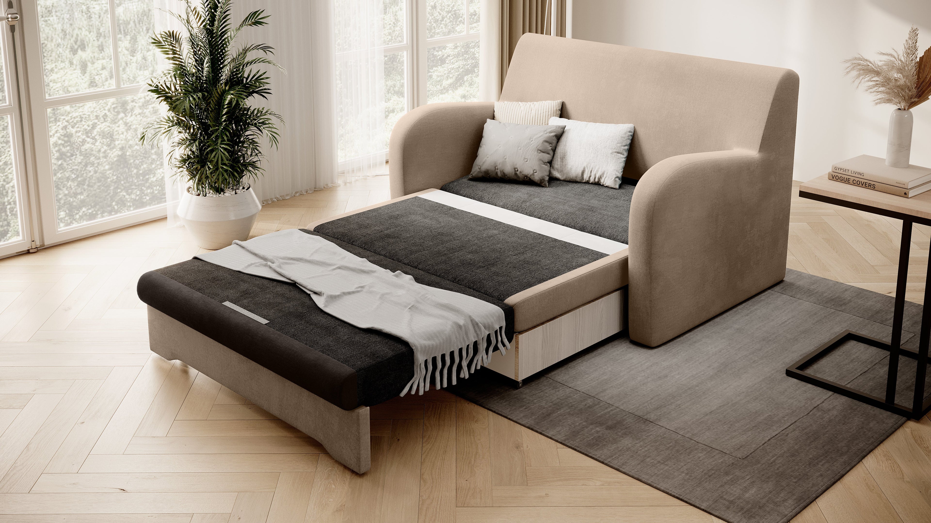 Ario Condo Style 2 Seater Storage Sleeper Sofa - Beige/Brown