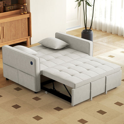 3‑in‑1 Convertible Sofa Bed, Pull Out Sleeper Sofa with USB Charging, Adjustable Backrest, Side Pockets, Beige