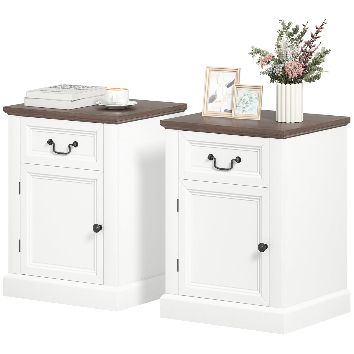 Side Table Set of 2, End Tables with Drawer and Cabinet, Nightstands for Small Spaces, Living Room, Black