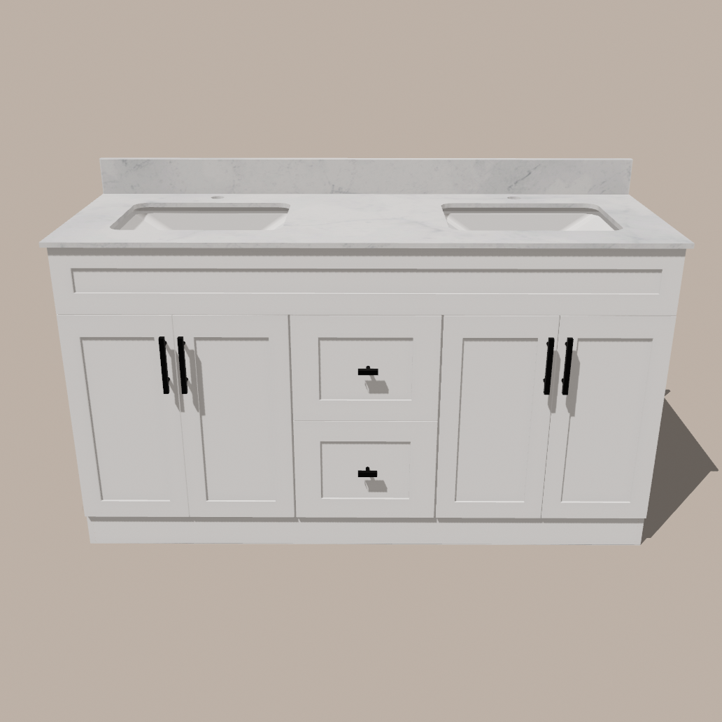 60-Inch Double Sink Shaker Bathroom Vanity — White or Gray | Plywood Cabinet, Solid-Wood Doors, Soft-Close 3-Way Clip-On Hinges | Center Drawers