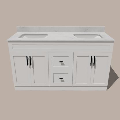 60-Inch Double Sink Shaker Bathroom Vanity — White or Gray | Plywood Cabinet, Solid-Wood Doors, Soft-Close 3-Way Clip-On Hinges | Center Drawers
