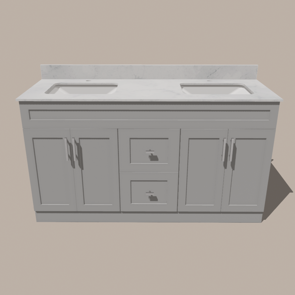60-Inch Double Sink Shaker Bathroom Vanity — White or Gray | Plywood Cabinet, Solid-Wood Doors, Soft-Close 3-Way Clip-On Hinges | Center Drawers